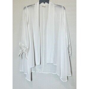 Anthropologie Sheer Kimono Cardigan L Ivory Crochet Lace Boho Fringe